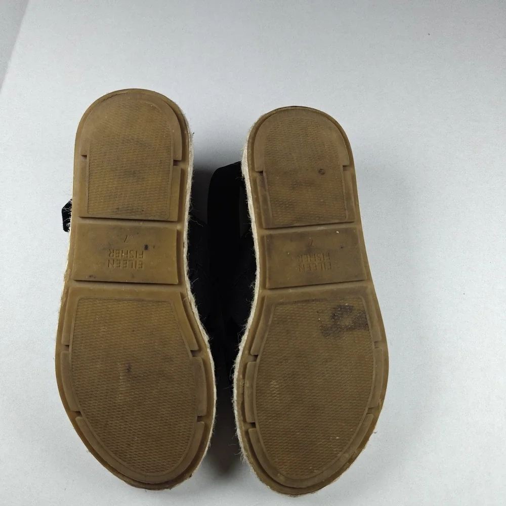 Eileen Fisher‎ Women's Black Leather Timor Espadrille Wedge Sandals Size 7